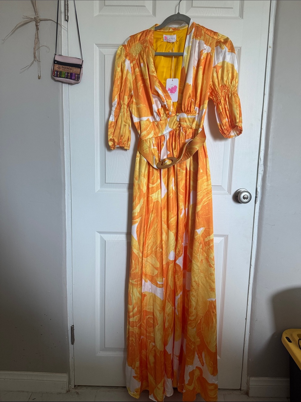 L'ATISTE Orange and White Floral Maxi Dress with Belt